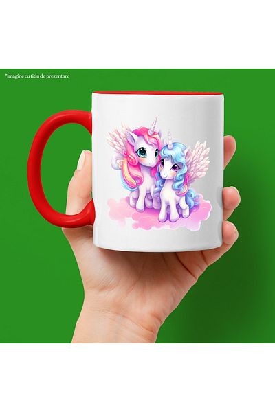 StoryGift Romania Mug with 2 unicorns | illustration | smiling | wings | clouds | mythical creatures | years, With ,STG