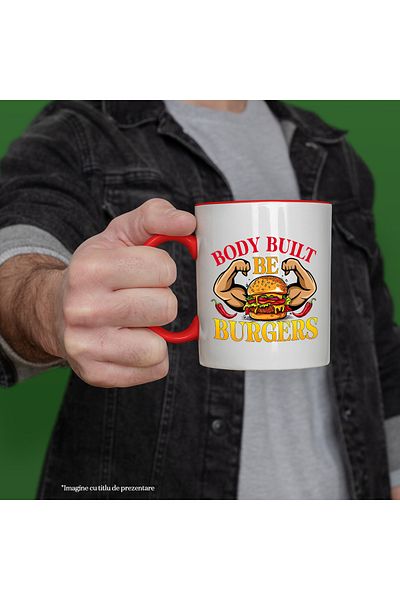 StoryGift Romania Mug with a hamburger with muscles with the message "Body built, be burgers", peppers, meat, With ,STG