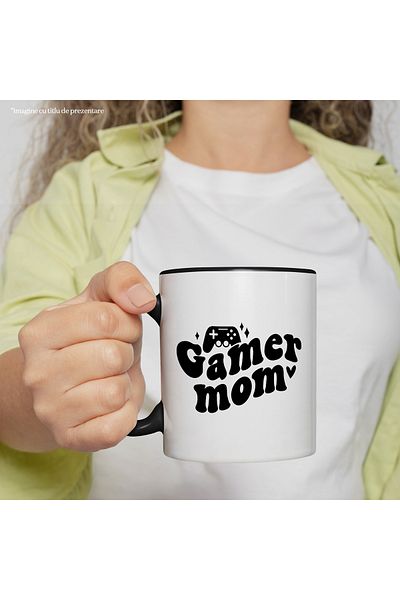 StoryGift Romania Cana cu inimioara si controller cu textul "Gamer mom" - mama jucatoare pasiune c, Cu Maner Negru