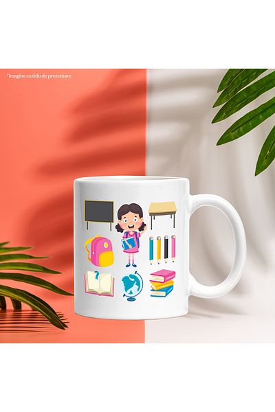 StoryGift Romania Cana Cu Copil, Tabla, Ghiozdan, Rechizite, Glob Pamantesc, Carti, Banca, Multic, Cu Maner Alb