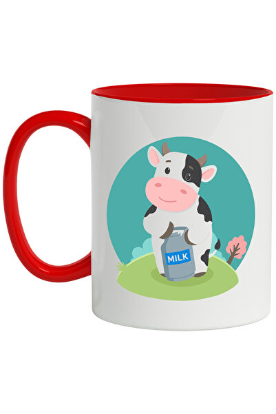 StoryGift Romania Cana Cu Vaca, Lapte, Copac, Multicolor 330 ml, Ceramica cu Maner Rosu, Cu Maner Rosu