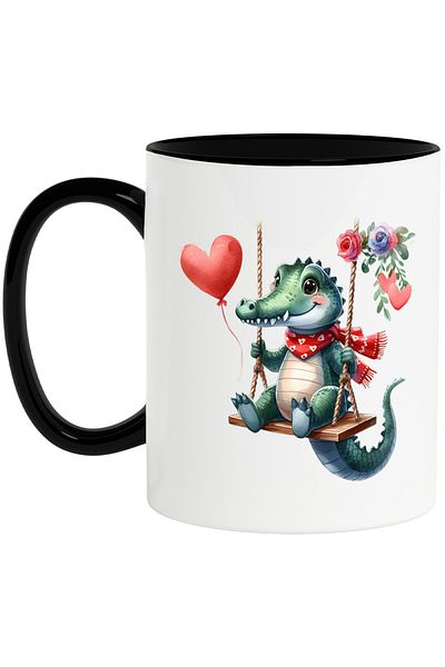 StoryGift Romania Mug with a crocodile swinging, illustration, balloon, hearts, flowers, a, With ,STG