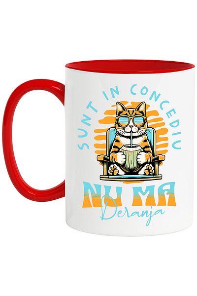 StoryGift Romania Cana cu Pisica Pe Sezlong Cu Nuca De Cocos, Text nu Ma Deranja Sunt In Concediu,, Cu Maner Rosu