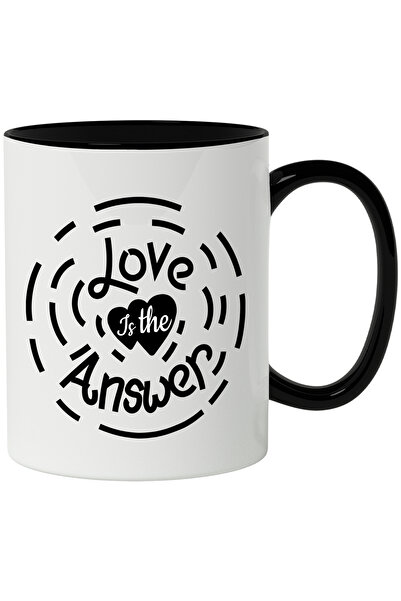StoryGift Romania Cana Cu Mesaj In Engleza Love Is The Answer, Iubirea Este Raspunsul, Inimi, Cupl, Cu Maner Negru