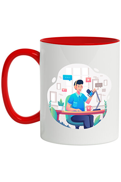 StoryGift Romania Cana Cu Podcast, Microfon, Casti, Birou, Multicolor 330 ml, Ceramica cu Maner Ro, Cu Maner Rosu