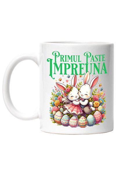 StoryGift Romania Cana cu Cuplu Fericit Iepuri Indragostiti Oua Colorate Paste, Flori Multicolor, , Cu Maner Alb