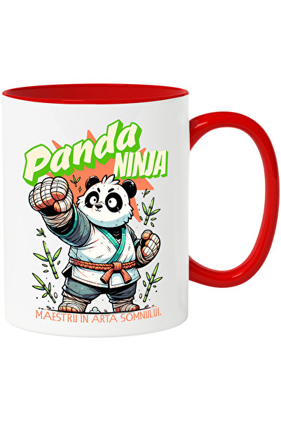 StoryGift Romania Cana Panda Ninja-Maestru in arta somnului, 330ml, Ceramic cu Maner Rosu, Cu Maner Rosu