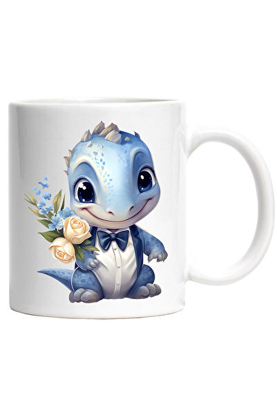 StoryGift Romania Cana cu un pui de dinozaur la camasa | ilustratie | fericit | flori | albastru |, Cu Maner Alb