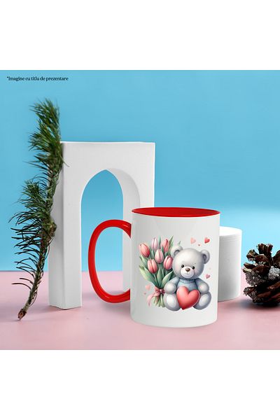 StoryGift Romania Mug with a teddy bear, illustration, red tulips, hearts, affection, gift, With ,STG