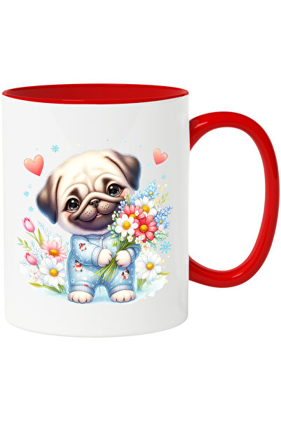 StoryGift Romania Cana cu un catelus Pug care tine un buchet cu flori | ilust...
