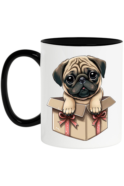 StoryGift Romania Cana cu un catelus Pug care iese dintr-o cutiuta de cadou |...