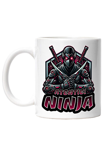StoryGift Romania Cana atentie ninja, jocuri videa, lume virtuala, 330ml, Ceramic cu Maner Alb, Cu Maner Alb