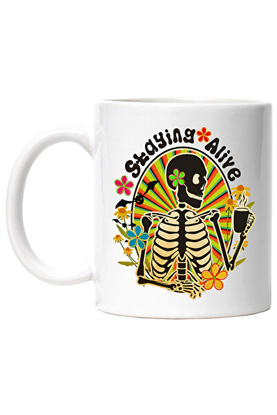 StoryGift Romania Cana cu schelet cu mesajul "Staying alive", stilul hippie, cultura, ilustratie, , Cu Maner Alb