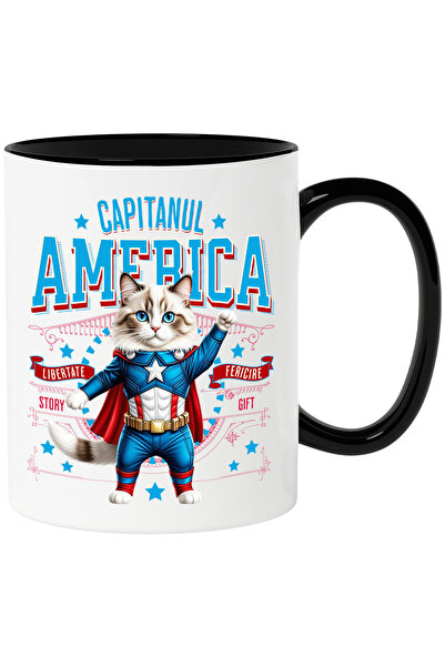 StoryGift Romania Cana cu Ragdoll Pisica In Costum de Capitan America cu Pele...