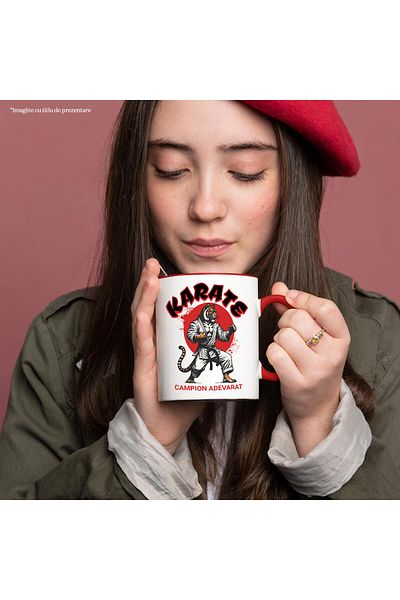 StoryGift Romania Mug with Tiger in Martial Arts Costume Karate Contact Fighting Motivational Like, With Red Handle