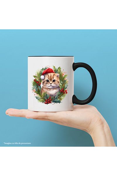 StoryGift Romania Mug with a cat wearing a Christmas hat | illustration | holiday next door, With Black Handle