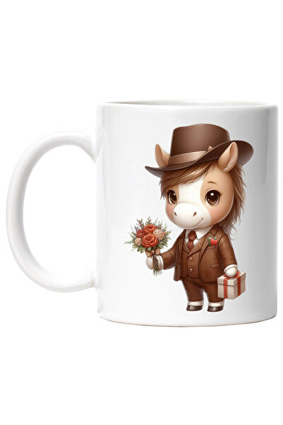 StoryGift Romania Mug with a horse in a suit, illustration, hat, bouquet of f...
