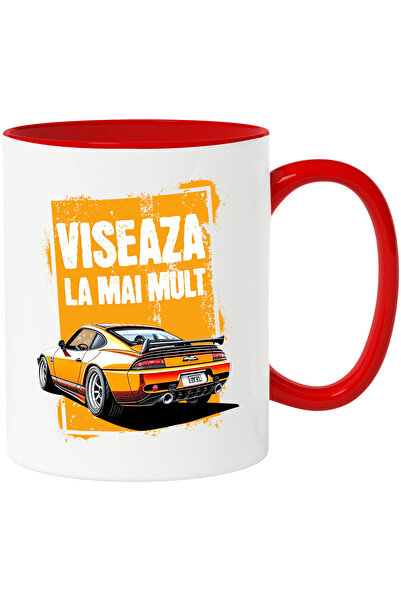 StoryGift Romania Cana cu Masina DE Curse Modificata Portocalie Text Viseaza La Mai Mult Motivatio, Cu Maner Rosu