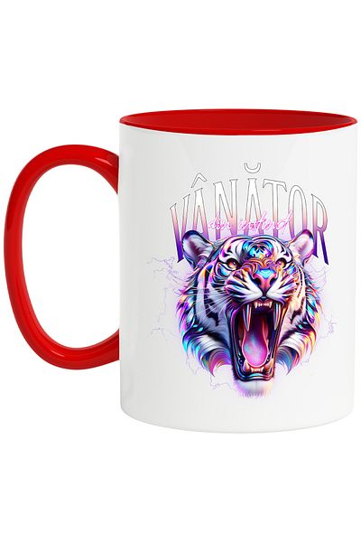 StoryGift Romania Cana Leu furios cu colti tigru Vanator din instinct, 330ml, Ceramic cu Maner Ros, Cu Maner Rosu