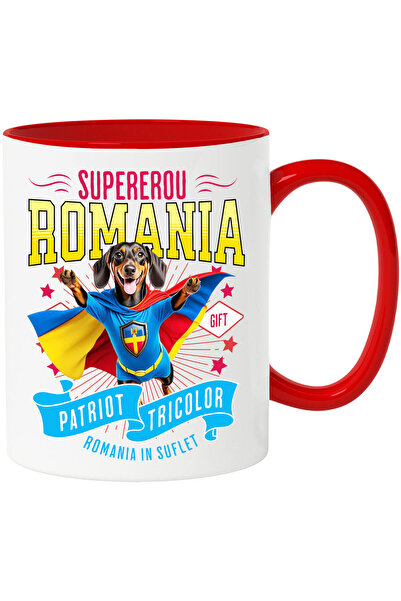 StoryGift Romania Cana cu Teckel / Dachshund Caine In Costum de Capitan Romania cu Pelerina, Erou , Cu Maner Rosu