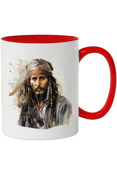 StoryGift Romania Jack Sparrow Mug, Pirates of the Caribbean, Pirate, Scarf, Beard, Movies, Multicolor, With Red Handle