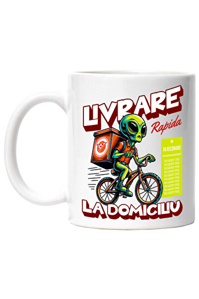 StoryGift Romania Cana cu Extraterestru Curier Cu Bicicleta Si Cutii De Pizza Text Livrare la Domi, Cu Maner Alb