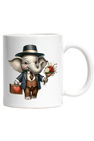 StoryGift Romania Cana cu un elefant la costum care tine un buchet cu flori s...