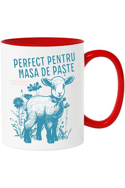 StoryGift Romania Cana perfect pentru masa de paste miel cu funda familie, 330ml, Ceramic cu Maner, Cu Maner Rosu