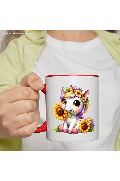 StoryGift Romania Mug with a unicorn holding a flower | illustration | sunflower | plants |, With ,STG