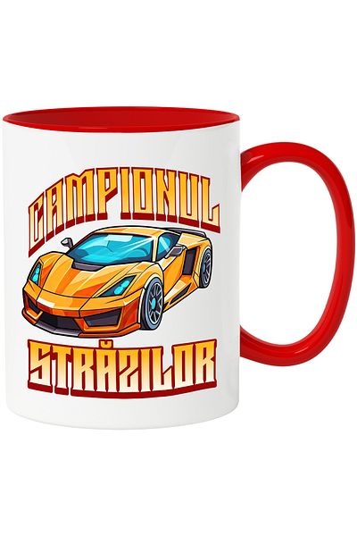 StoryGift Romania Cana campionul strazilor masina de curse portocalie viteza, 330ml, Ceramic cu Ma, Cu Maner Rosu