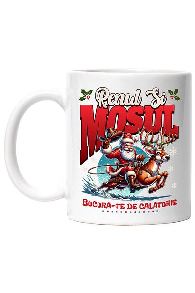 StoryGift Romania Cana cu Mos Cracin Pe Ren Impodobit Text Bucura-te de Calatorie, Cadouri, Viteza, Cu Maner Alb