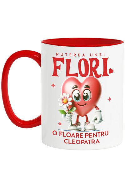 StoryGift Romania Mug with Happy Heart and Flower Text The Power of a Flower, A Flower for Cleopatra, with Red Handle
