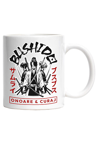 StoryGift Romania Cana Arte martiale Bushido. Onoare & curaj, 330ml, Ceramic cu Maner Alb, Cu Maner Alb
