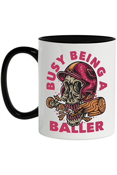 StoryGift Romania Cana Cu Mesaj In Engleza Busy Being A Baller, Baseball, Craniu, Bata, Multicolor, Cu Maner Negru