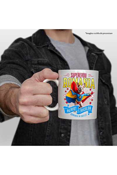StoryGift Romania Mug with Sphynx Cat in Captain Romania Costume with Cape, Night Hero, By, With White Handle