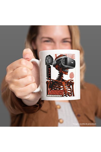 StoryGift Romania Cana schelete cu ochelarii VR joc video Lumea Virtuala, 330ml, Ceramic cu Maner , Cu Maner Alb