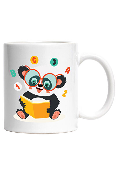 StoryGift Romania Cana Cu Urs Panda, Ochelari, Carte, Cifre, Litere, Educatie, Citit, Multicolor 3, Cu Maner Alb