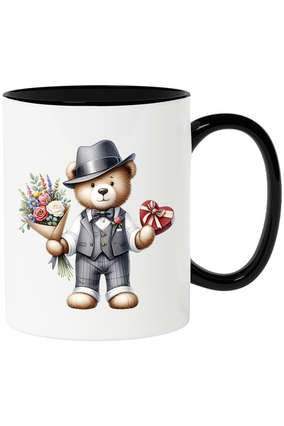 StoryGift Romania Mug with a teddy bear holding a bouquet of flowers and a bo...