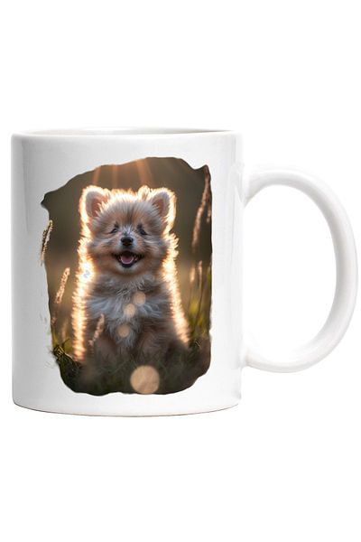StoryGift Romania Cana cu Portret Caine Dragut, Rasa Pomeranian, Fericit, Zambind, Pufos, Catei, I, Cu Maner Alb