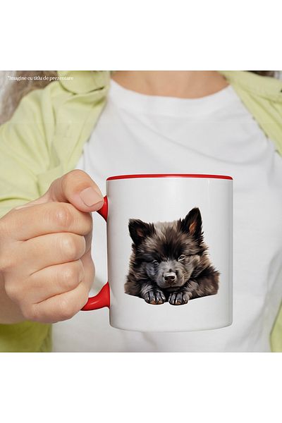 StoryGift Romania Mug with a sleeping furry puppy | illustration | in the world of dreams | black | tired, With ,STG