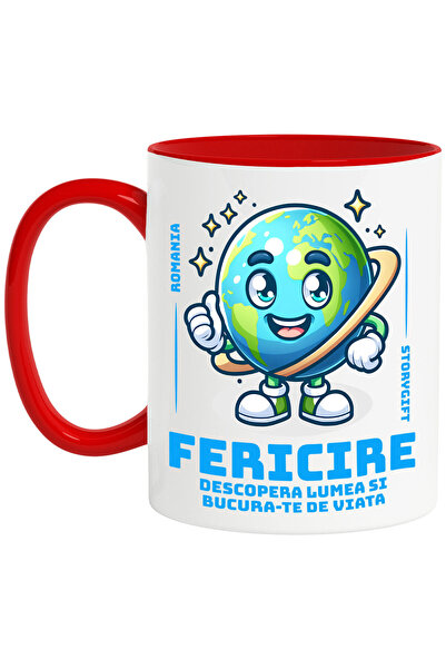 StoryGift Romania Cana cu Planeta Pamant Vesela text Fericire Descopera Lumea Si Bucura-te De viat, Cu Maner Rosu
