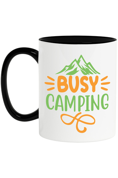 StoryGift Romania Cana cu munti pentru iubitorii de camping cu textul "Busy camping" - ocupat cu M, Cu Maner Negru