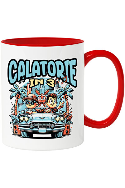 StoryGift Romania Cana masina aventura calatorie in 3 , 330ml, Ceramic cu Maner Rosu, Cu Maner Rosu