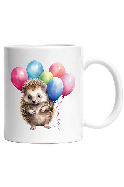 StoryGift Romania Cana cu un arici | ilustratie | baloane de diferite culori | aniversare | bucuri, Cu Maner Alb