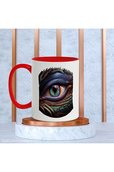 StoryGift Romania Cana Cu Ochi, Dragon, Reptila, Mitic, Fantasy, Multicolor 330 ml, Ceramica cu Ma, Cu Maner Rosu