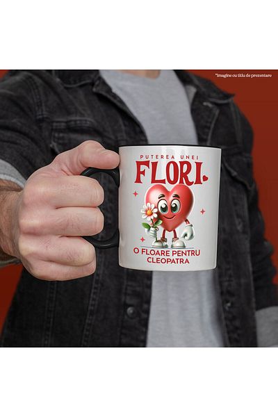 StoryGift Romania Mug With Happy Heart With Flower Text The Power of a Flower, A Flower for Cleopatra, With Black Handle
