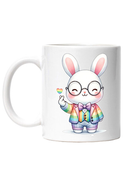 StoryGift Romania Cana cu un iepuras vesel | ilustratie | ochelari | funda | tocilar | fericit | 3, Cu Maner Alb