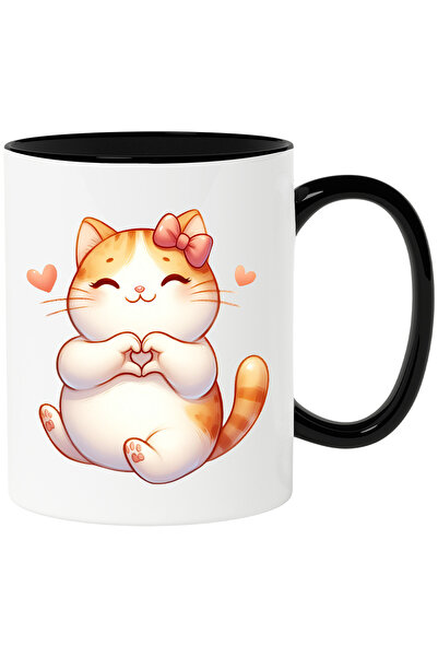 StoryGift Romania Cana cu o pisica vesela care tine labutele in forma de inim...