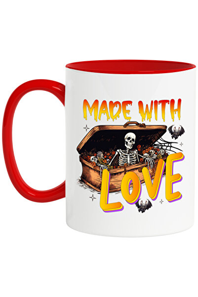 StoryGift Romania Cana cu un schelete in sicriu cu mesajul "Made with love", ilustratie, Halloween, Cu Maner Rosu