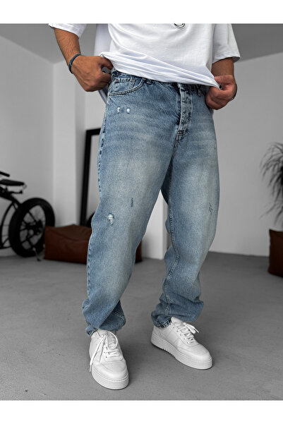 BYBASICMAN Açık Mavi Çizik Yırtıklı Baggy Jean KE-275